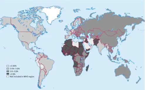 Figure 1 : Prévalence estimée de l'infection par le virus de l'hépatite C dans le monde (2004)[11] 