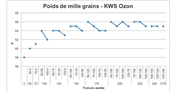 Figure  4.12  –  Poids  de  mille  grains  mesurés  pour  différentes  modalités  d’apports  de  la  fumure azotée en deux fractions (tallage-redressement et dernière feuille) sur la  variété KWS Ozon – Lonzée GxABT 2011
