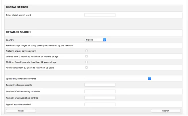 Figure 2. Critères de recherche dans la base de données du Réseau Européen pour  la Recherche en Pédiatrie 