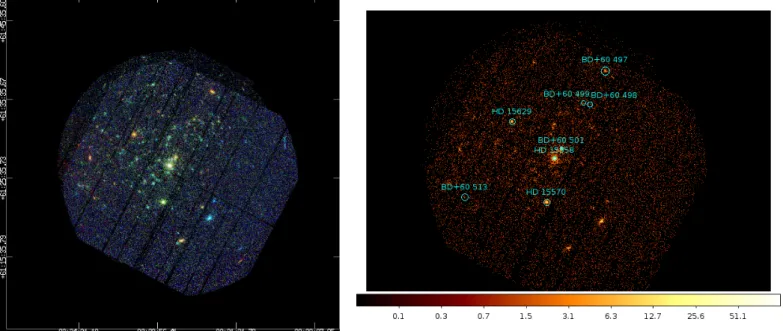 Fig. 5. Left: energy-coded three-colour image of our XMM-Newton observation of IC 1805