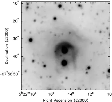 Fig. 6. FORS Hα image of LMC N44. The different regions used for spectral analysis are marked by a solid line