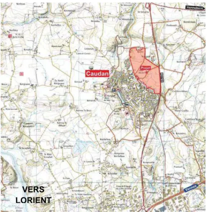 Figure  14 Plan  de  localisation  de  la  commune  de  Caudan  1/25000ème  (Agence CAP L’ORIENT, 2003)
