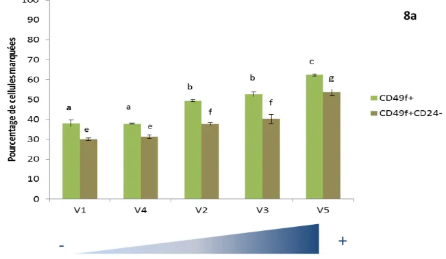 Figure 8a : Evolution des populations de cellules CD49f + , CD49f + CD24 -  en fonction de la production laitière
