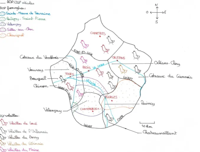 Figure 1 : Schéma de la répartition géographique des fromages AOP, des volailles IGP et de quelques  vins AOP et IGP en région Centre-Val de Loire (Tours – FERRAND – 2020) 