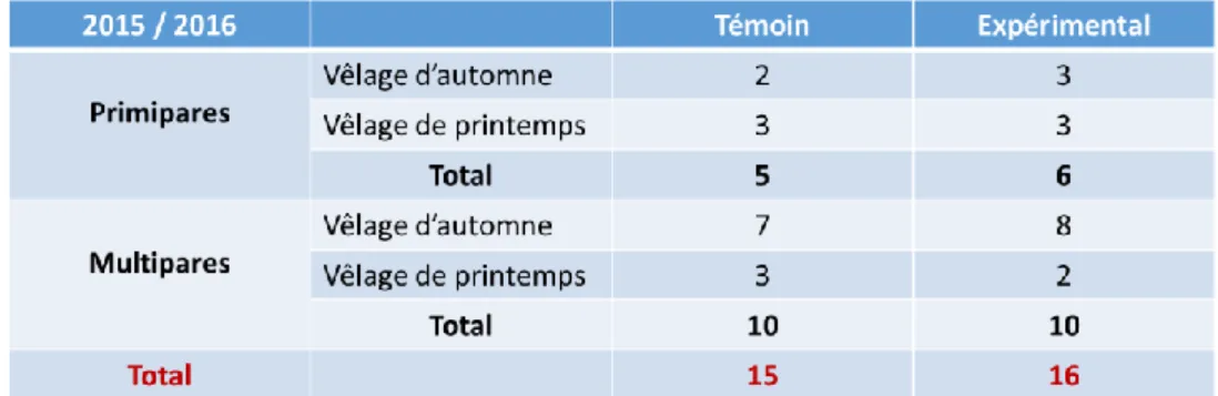 Tableau 5 : Effectifs des vaches avec lactations valorisées dans les lots  Témoin et Expérimental pour l’analyse des données pour l’année 2015 - 2016 