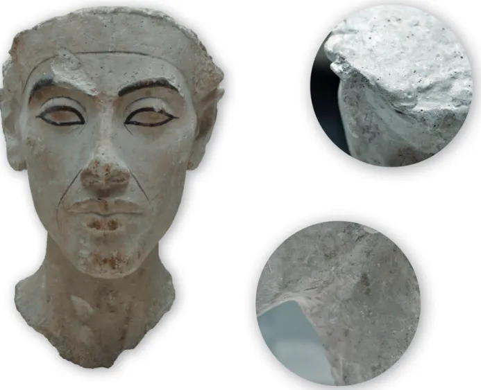 Fig. 5: plaster head of Akhenaten (Berlin ÄM 21351; H. 26; W. 15; D. 20 cm) and details of its technical making (traces of modeling and casting)