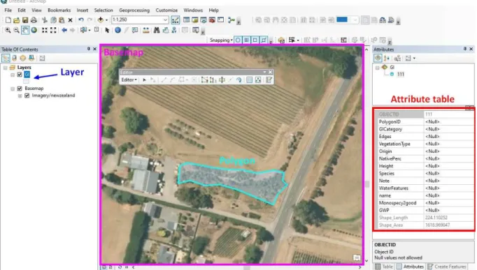 Figure 10: ArcMap interface and drawing of a polygon identifying a Green Infrastructure in sky  blue