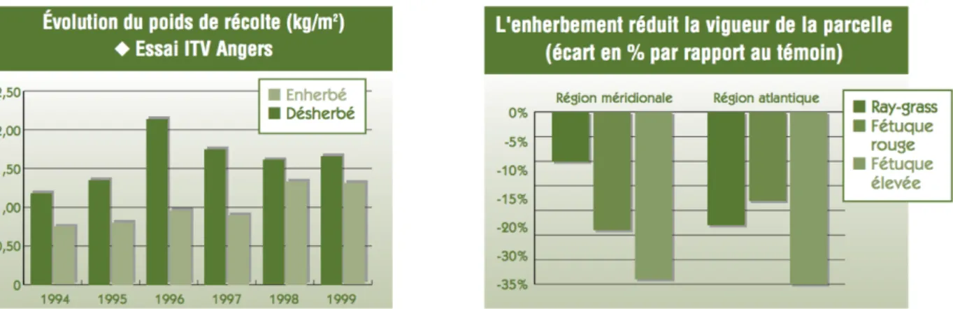 Figure 10 - Impact de l'enherbement sur la vigueur et le rendement de la vigne au cours du temps sur sol  fertile (ITV France ; 2002) 