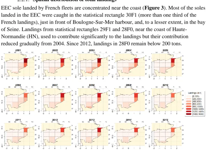 Figure 3: French landings (in t) of Common Sole in EC by statistics rectangle between 2001 and 2015