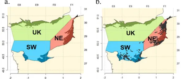 Figure  12: a) 3  subareas  colored  in  blue,  red,  and  green  and  the  darker  areas  along  the  coast  representing  the  nurseries area;  b) Position of trammel net hauls with common sole in the EEC from Obsmer between 2009 and  2015  