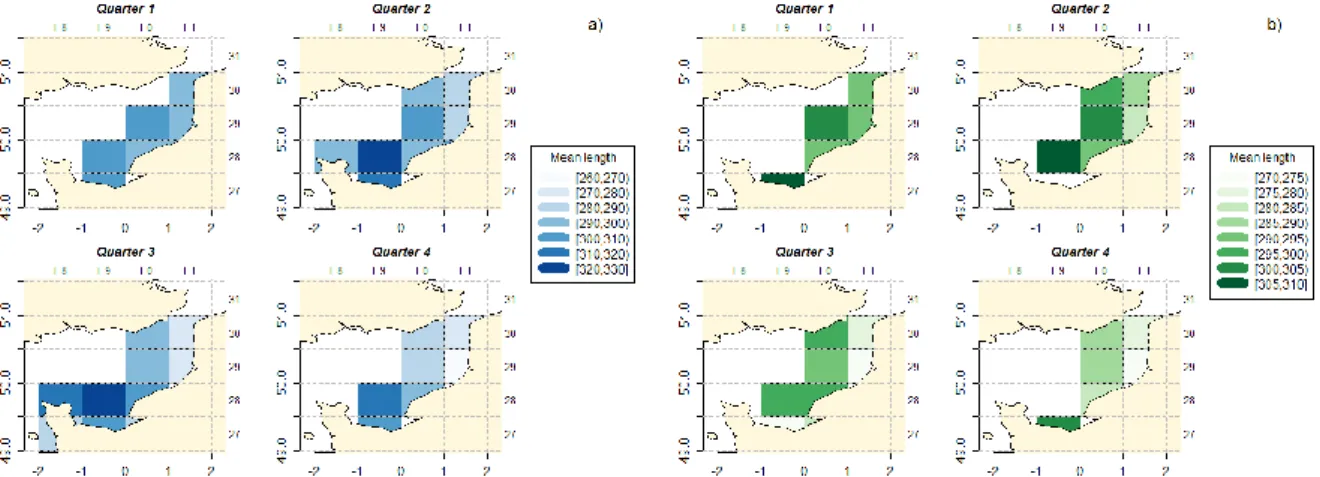 Figure 14: Mean length by statistical rectangle and by quarter of catches between 2009 and 2015: a) for all mesh  size range, b) only for 90-99mm mesh size range 