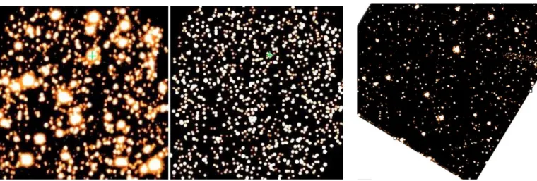 Fig. 1. Left: OGLE-TR-56 (marked with a cross) in a 256 pixels × 256 pixels sub-image (0.51  × 0.51  ) from the best seeing VLT/FORS1 image of the run (top = North, le f t = East, FW H M = 0.4  , some areas at the edges were masked for the reduction)