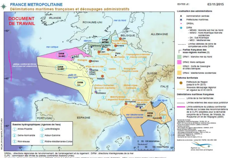 Figure 1 : délimitations maritimes françaises et découpage administratifs (source : AAMP, 2015)