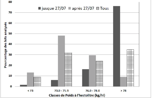 Figure 7.1 – Evolution du poids à l’hectolitre fonction de la date de récolte. 