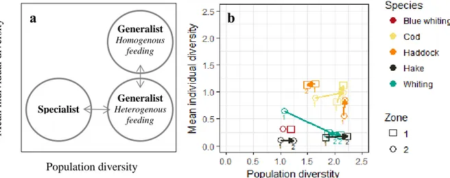 Figure 6: Tokeshi graphical representation of population diversity (Shannon index) against mean individual diversity  (a) explanatory diagram for interpretation of feeding strategy according to Tokeshi (1991) and (b) diagram for the 5  species,  2  size  c