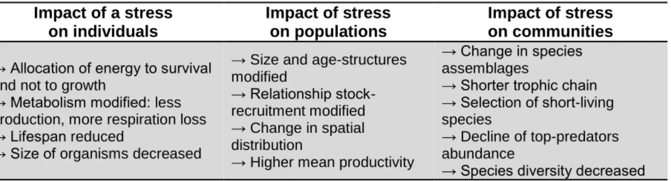 Table 1 : Trends expected on individuals/populations/communities generated by stress ( adapted from Odum, 1985)