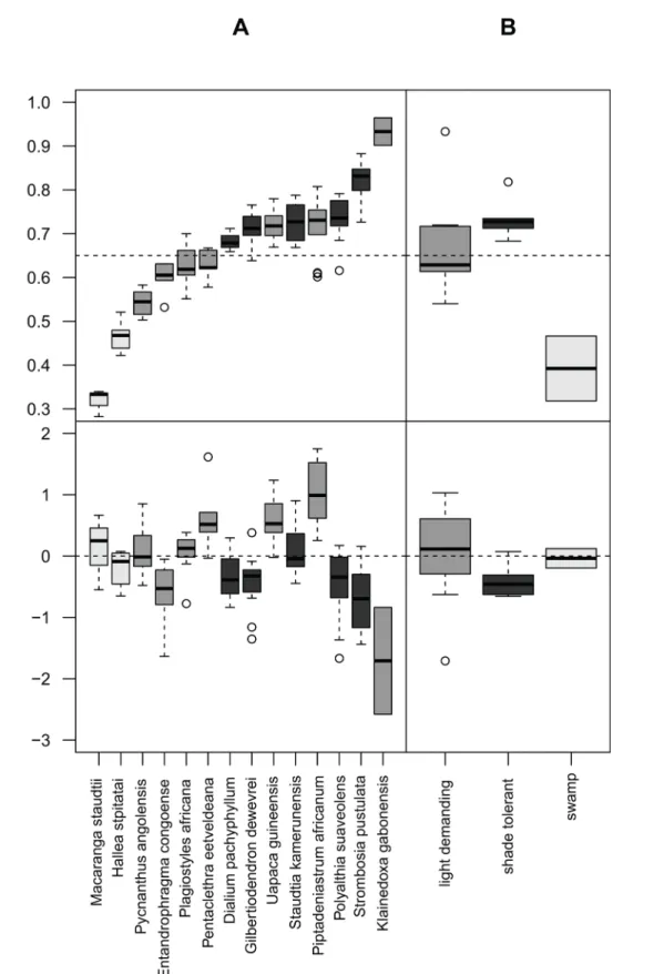 Fig 2. Boxplots of the WSG and of the slope calculated between the outer-WSG and the inner-WSG for the 14 species (A) and the corresponding regeneration guilds (B) investigated in Malebo, the Democratic Republic of the Congo