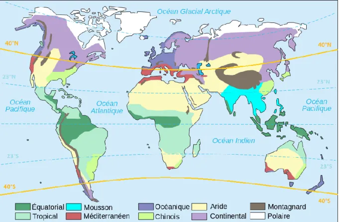 Figure  6  :  Carte  mondiale  des  climats  complétée  par  les  parallèles  délimitant  les  zones  de  production commerciale des agrumes