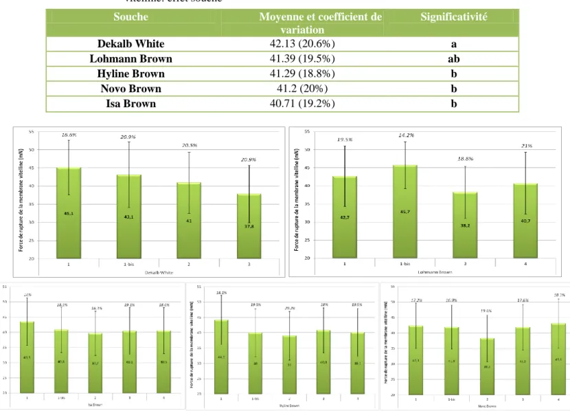 Tableau 6  Comparaison  de  moyenne  deux  à  deux   de  la  force  de  rupture  de  la  membrane  vitelline: effet souche 