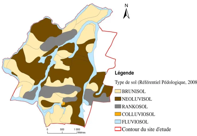 Figure 5 : Représentation spatiale des types de sols sur le site de Pleine –Fougères   (Walter, comm.Pers) 