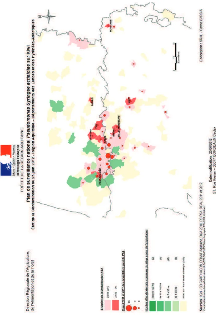 Figure 21 :  Carte de repartition des parcelles contaminées par  Psa en région Aquitaine en date du 25  juin 2012, établie suite au plan de surveillance national