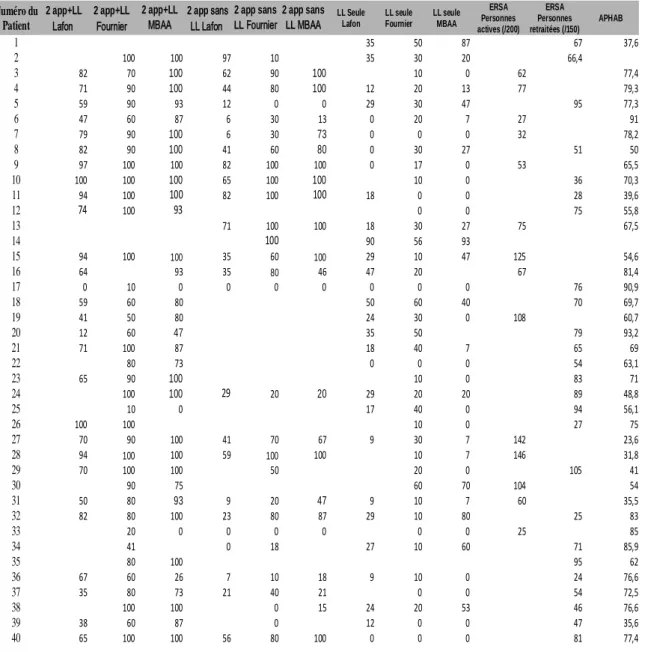 Tableau  de  présentation  des  performances  verbales  obtenues  aux  différents  tests  du  bilan  orthophonique et les résultats obtenus aux questionnaires de qualité de vie ERSA et APHAB :  N.B : résultats en pourcentage à l ’exception des résultats a