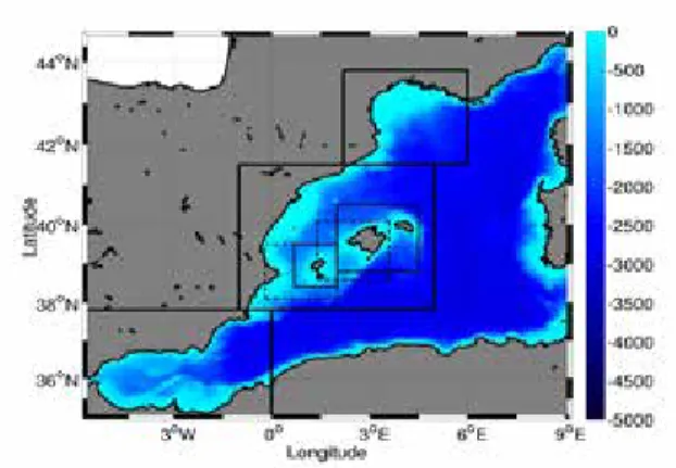 Figure 1   Model configuration. Colour indicates model bathymetry (in m). Boxes indicate regional zooms for  data visualization