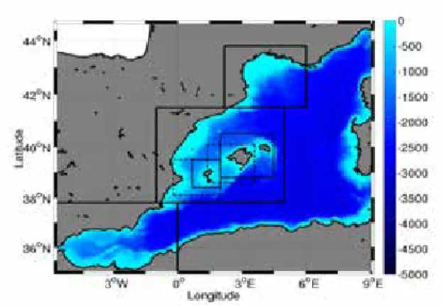 Figure 1   Model configuration. Colour indicates model bathymetry (in m). Boxes indicate regional zooms for  data visualization