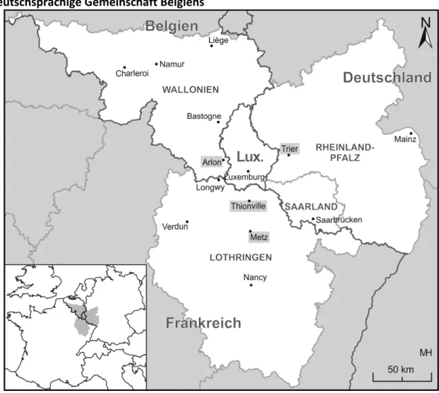 Abbildung   3:   Die   Großregion   Saar   -­‐   Lor   -­‐   Lux   -­‐   Rheinland-­‐Pfalz   -­‐   Wallonie   -­‐   Französische   und    Deutschsprachige   Gemeinschaft   Belgiens   