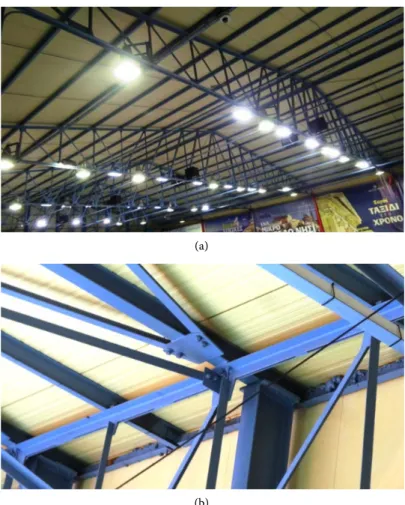 Figure 2. (a) Overall view and (b) structural details of the steel lattice roof. 