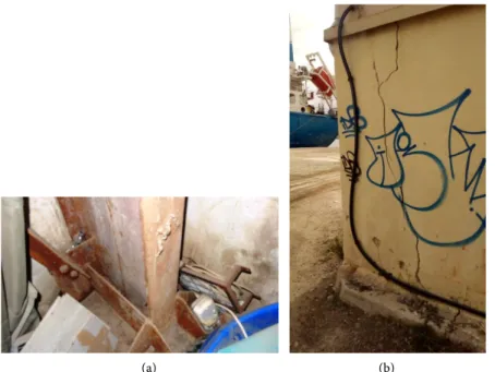 Figure  5.  (a) Column base with significant corrosion and (b) brick wall with a large  crack