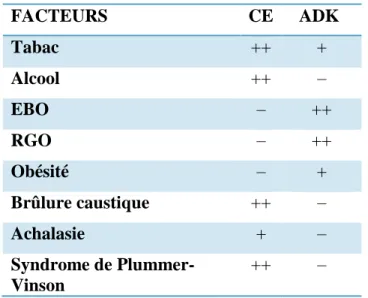 Tableau 1: Principaux facteurs associés aux carcinomes épidermoïdes (CE)  et aux adénocarcinomes (ADK) de l'oesophage 