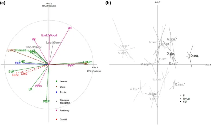 Fig. 2    a PCA of the 18 functional traits measured on 15 tropical tree  species at the seedling stage (n = 5 seedlings)