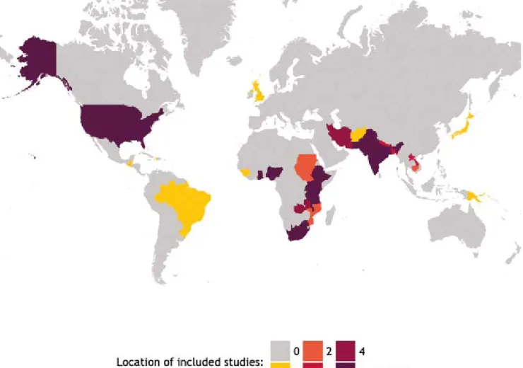 Figure 1:  Geographical distribution of included studies across the 15 systematic reviews on the  PICO questions