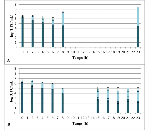 Figure 7. Evolution des populations de spores (bleu foncé) et de cellules germées (bleu clair) de  B