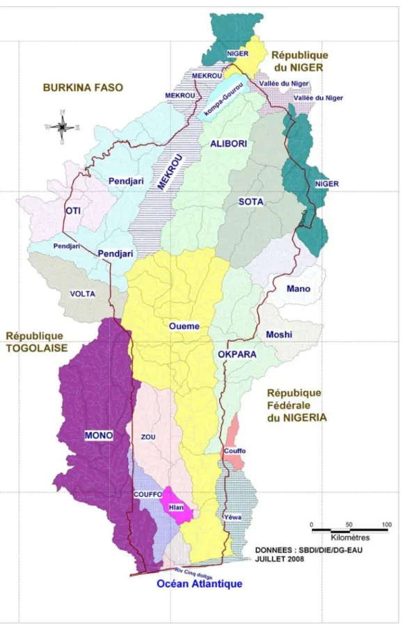 Figure 1 : Carte du Bénin montrant les bassins versants du pays (DGE, 2008)