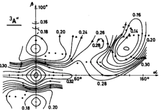 Fig.  5.  Energy  contours  of  the  i3A”  state  plotted  as  a  function  of  the  coordinates  a  and  /I
