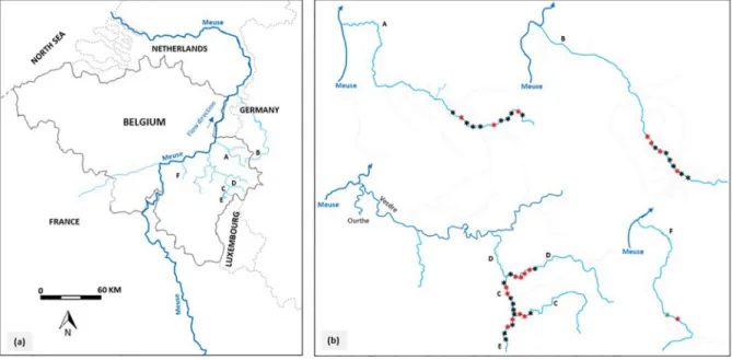 Fig. 1. Map of the study area in Wallonia, Southern Belgium (a) and the sampling sites in the six restocked rivers (b)