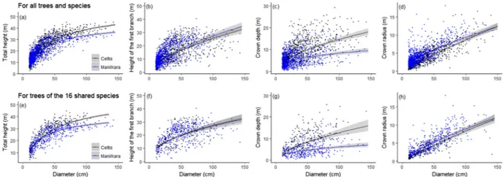 Fig. 1. Site-speci ﬁ c allometric relationships between tree diameter and total height ﬁ tted with the Michaelis Menten model, and between tree diameter and height to the ﬁ rst branch, crown depth, and crown radius, ﬁ tted with a power model, for all trees