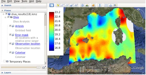 Fig. 8. Analyzed surface temperature of the western Mediterranean Sea in Google Earth.