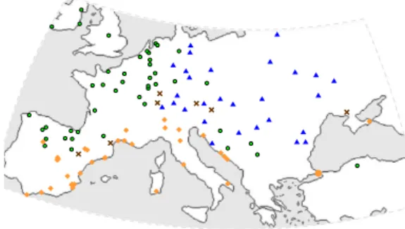 Fig. 1. The 115 selected weather stations. Stations were classified according to the K¨ oppen–Geiger system (see text): green discs correspond to Oceanic stations  (Cb-type), blue triangles correspond to continental stations (D-(Cb-type), orange diamonds c