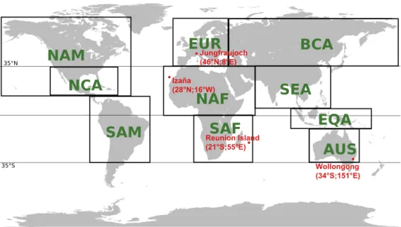 Figure 6. Locations of the four ground-based FTIR measurements sites (Jungfraujoch, Izaña, Reunion Island and Wollongong) and map of the 10 regions used in this study: NAM: northern America, NCA: north-central America, SAM: South America, EUR: Europe, NAF: