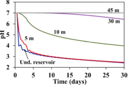 Fig. 3. Simulated pH evolution in the underground reservoir and at 4 different downgradient distances (5, 10, 30 and 45 m)