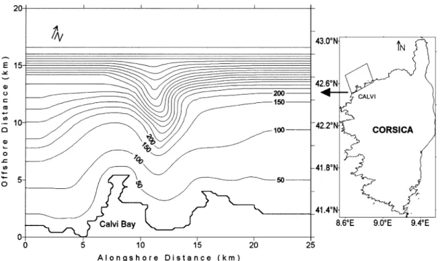 Fig. 1. (a) Bottom topography and location of the Calvi Canyon area (model domain) on the NW Corsican coast