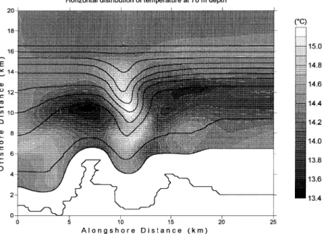 Fig. 5. Horizontal distribution of temperature ( j C) at the 70-m depth for the strongly stratified, no-wind case