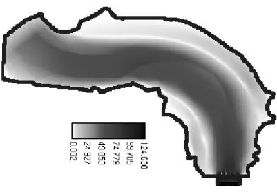 Figure 5 : Discharge repartition at the upstream  Figure 6 : Bed elevation of the filling basin  limit of the scale model geometry 