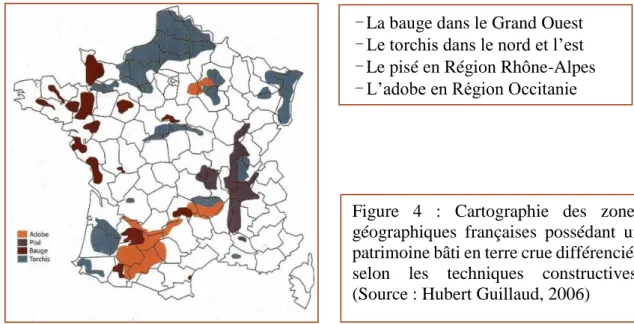 Figure  4  :  Cartographie  des  zones  géographiques  françaises  possédant  un  patrimoine bâti en terre crue différenciée  selon  les  techniques  constructives