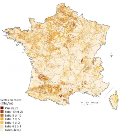 Figure 12  : Carte de France des pertes de  terre par l'érosion hydrique par hectare et  par an 1