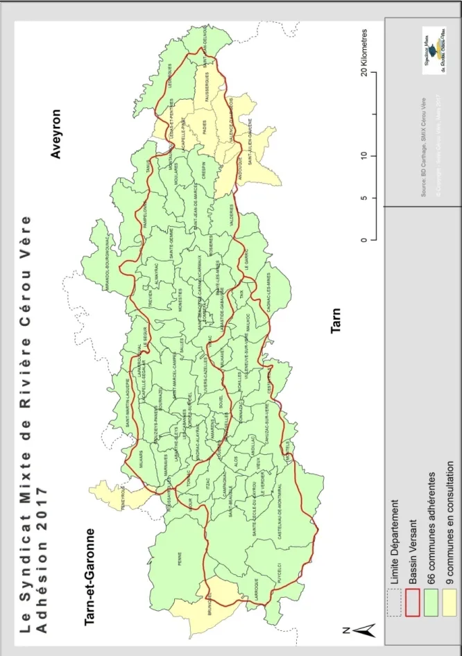 Figure 15 : Communes concernées par les bassins versants du Cérou et de la Vère, adhérant ou non au  SMRCV 