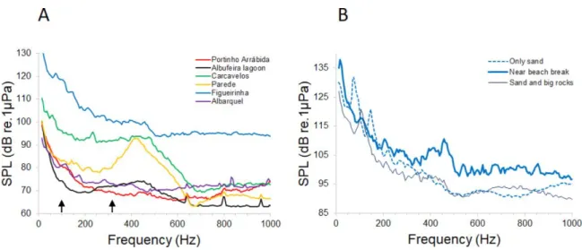 Fig. 3.  Ambient noise in the recording locations. A - Average sound power spectra of  ambient noise from the different studied locations (1-3 sites within each location ) 